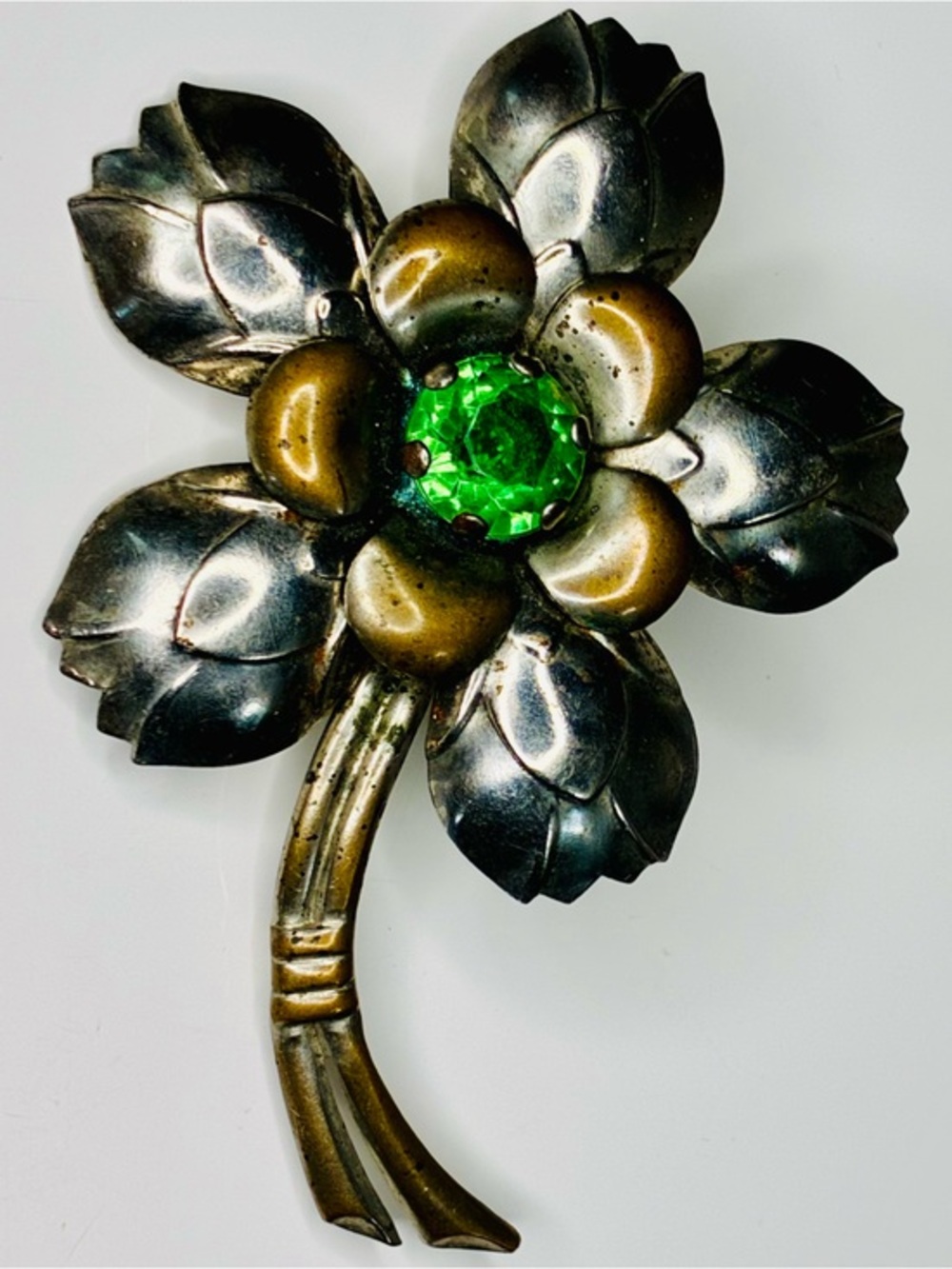 Vintage Estate Heirloom Flower Brooch with Green Glass Center